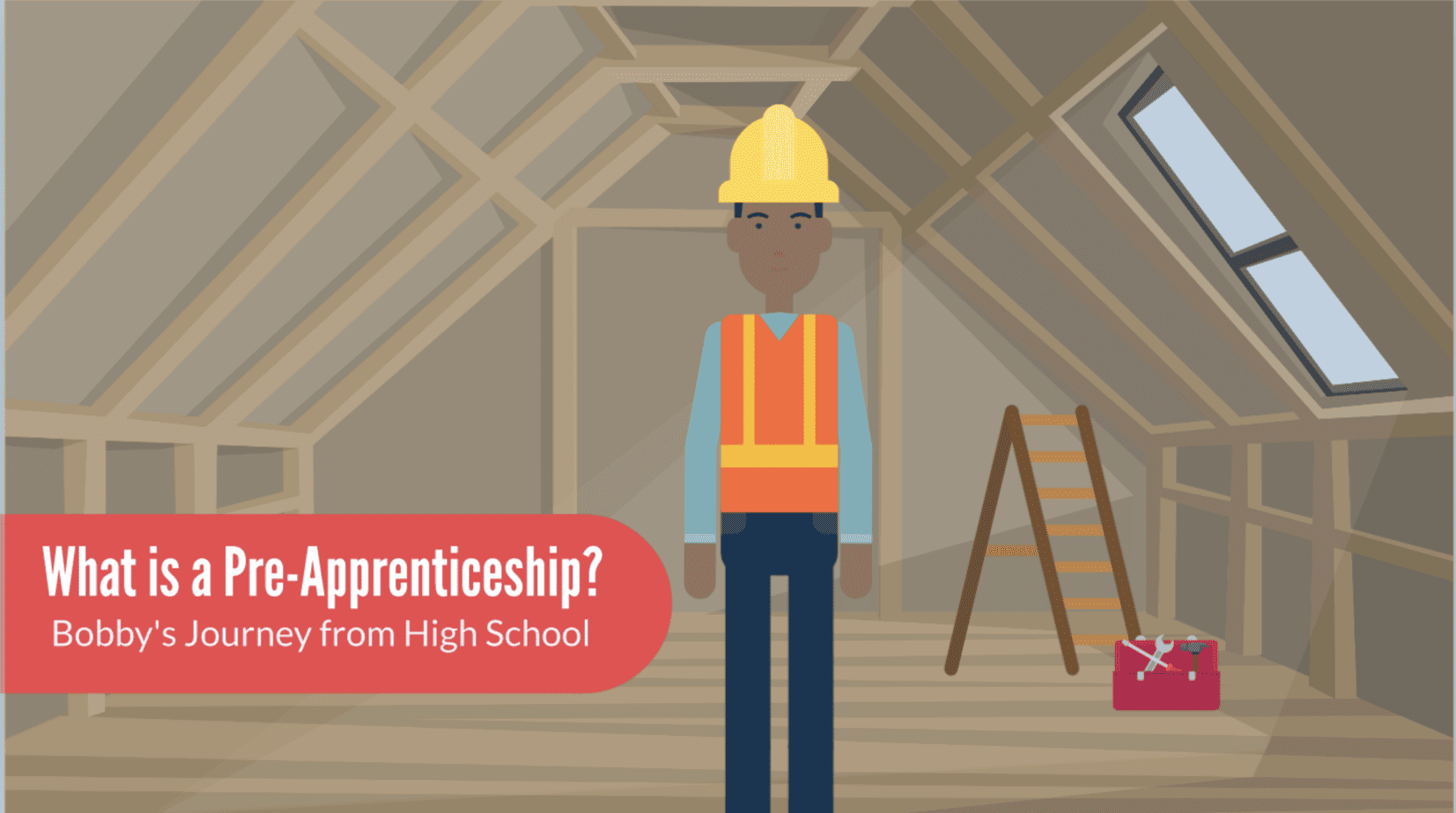 teen in construction outfit, in the attic