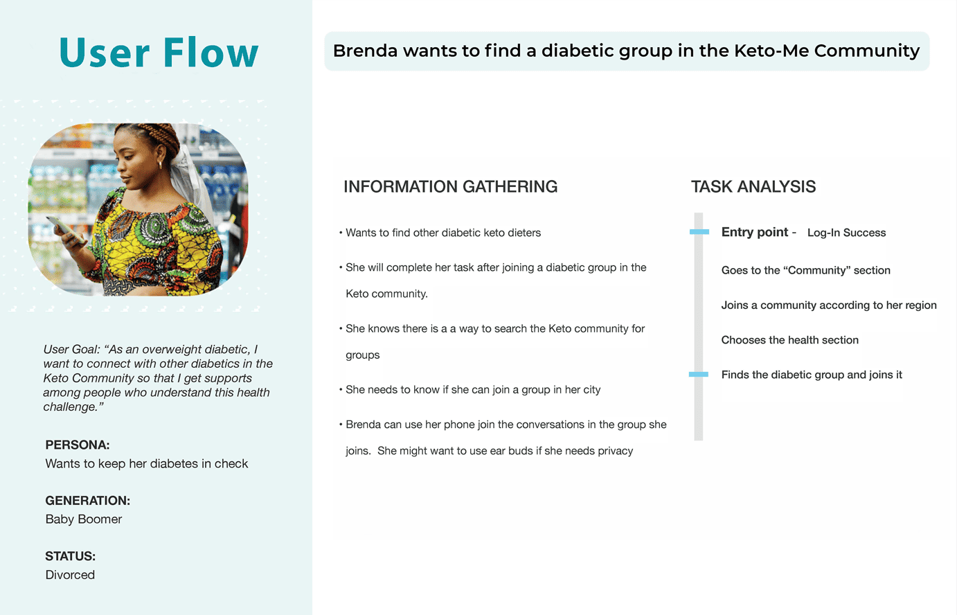 brendas image on the left and content on the right about user flows