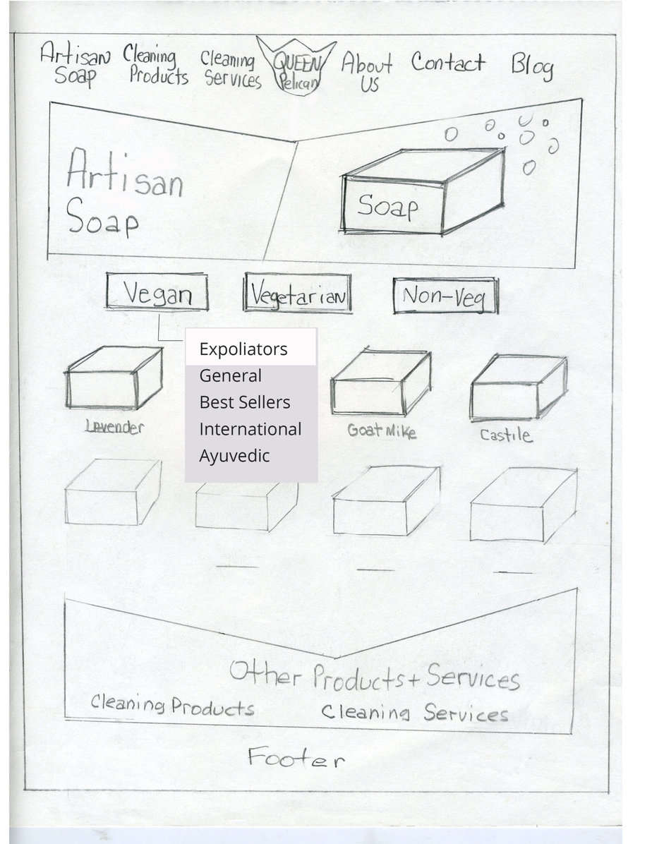 sketch of queen pelican site, selecting vegan soap defoliators