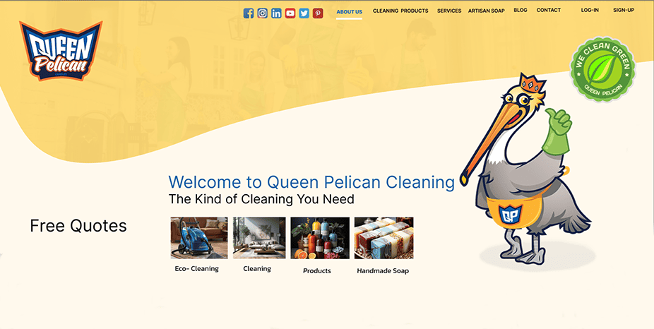 Queen pelican website, logo on the left, pelican mascot on the right, images of various products and services in the middle