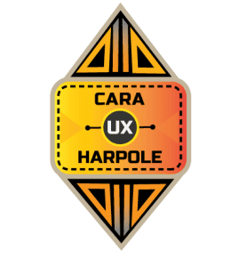 looks like an african warrior shield has geometric designs with cara a circle that says "UX" then Harpole