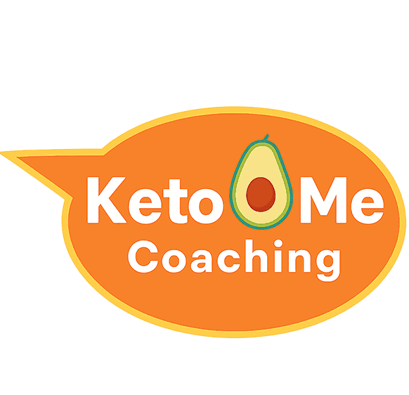 opt-keto Keto Me coaching logo. Looks like a call out. avocado is in between Keto and Me. orange