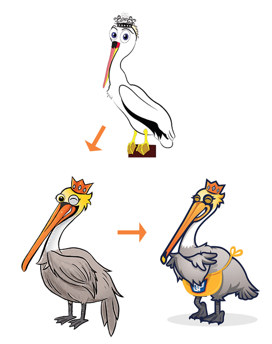 Three logos for queen pelicans at different time periods, they look better as they change