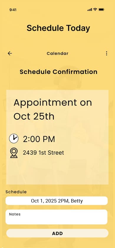 Yellow theme — Schedule Today, third onboarding screen, 2021