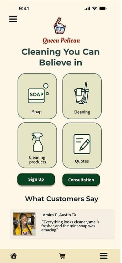 Queen Pelican mobile — 2025 landing screen