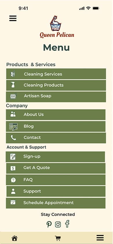 Queen Pelican final mobile side menu — 2025