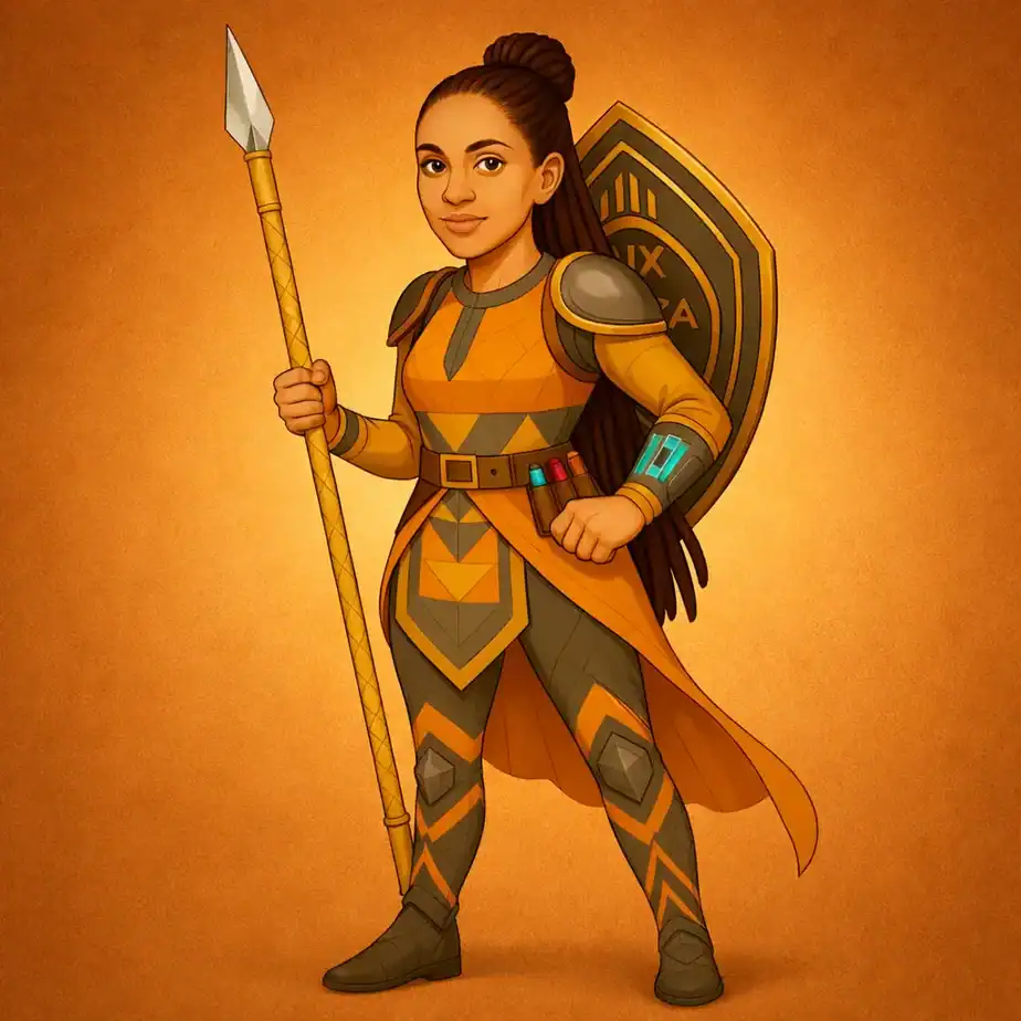 ux design warrior character, holding shield in wakanda type of clothing