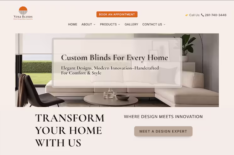 Part of Vera Blinds' landing page.  has chic modern living room and a screen on top of the image that says custom blinds for every home. 