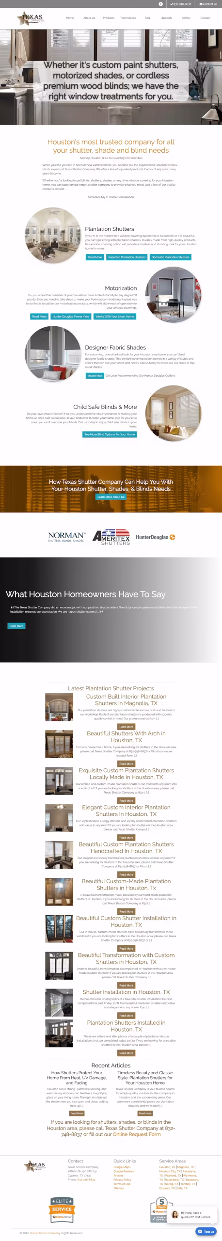 Texas Shutter Company website — basic layout, no clear visual hierarchy