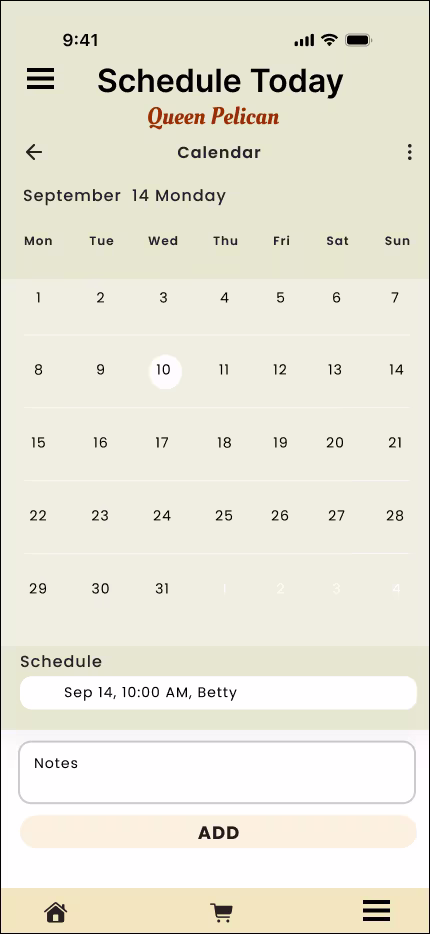 Queen Pelican scheduling page — mobile, 2025