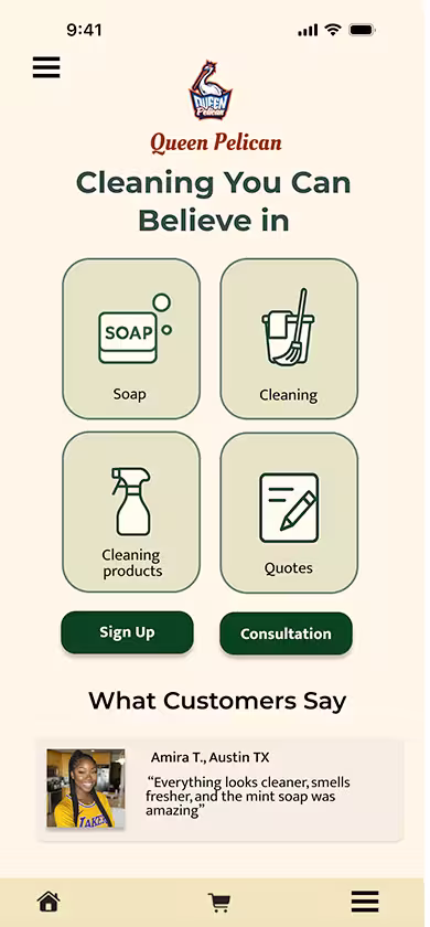 Queen Pelican final green mobile landing screen — 2025